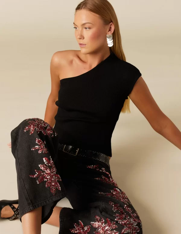 NÍCOLI PANTALÓN LENTEJUELAS GRANATE PLATEADO< Denim | Pantalones