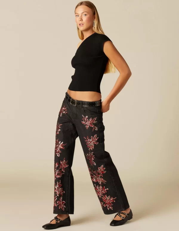 NÍCOLI PANTALÓN LENTEJUELAS GRANATE PLATEADO< Denim | Pantalones