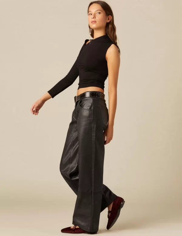 NÍCOLI PANTALÓN NEGRO COSTURAS ENCERADO< Denim | Pantalones