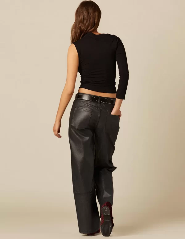 NÍCOLI PANTALÓN NEGRO COSTURAS ENCERADO< Denim | Pantalones