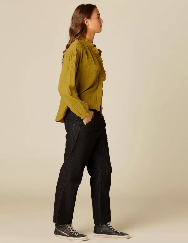 NÍCOLI PANTALÓN RAYA BRILLO AZUL< Pantalones