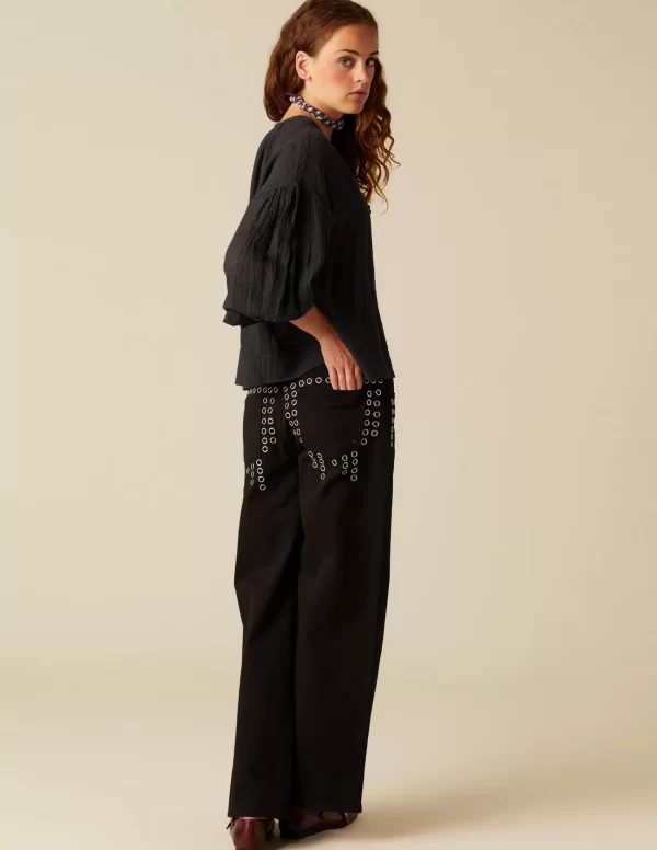 NÍCOLI PANTALÓN VAQUERO NEGRO MIX TACHUELAS< Denim | Pantalones