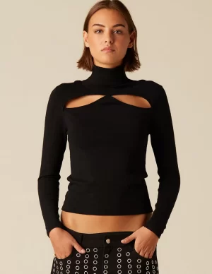 NÍCOLI TOP ABERTURA ESCOTE CUELLO VUELTO NEGRO< Tops