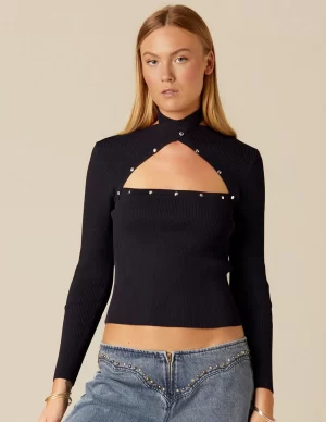NÍCOLI TOP ABERTURA ESCOTE TACHAS AZUL< Tops
