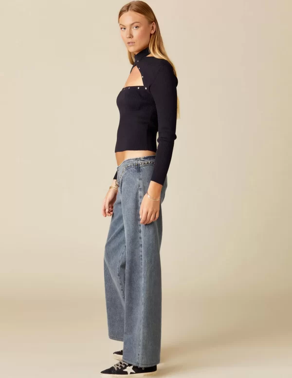 NÍCOLI TOP ABERTURA ESCOTE TACHAS AZUL< Tops