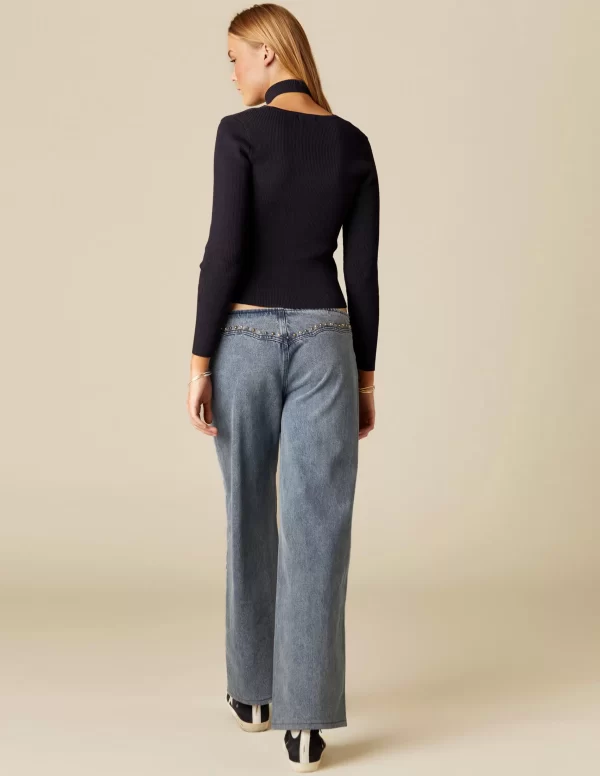 NÍCOLI TOP ABERTURA ESCOTE TACHAS AZUL< Tops