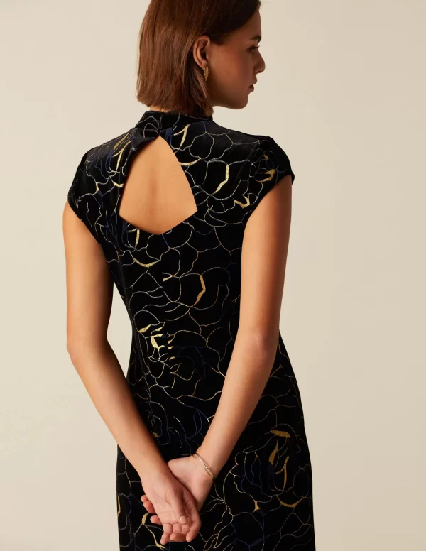 NÍCOLI VESTIDO TERCIOPELO FLOR AZUL/DORADO< Vestidos