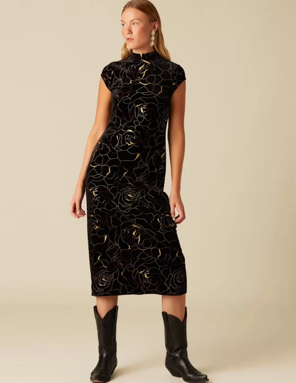 NÍCOLI VESTIDO TERCIOPELO FLOR ROJO/DORADO< Vestidos