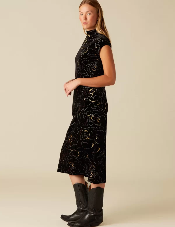 NÍCOLI VESTIDO TERCIOPELO FLOR ROJO/DORADO< Vestidos